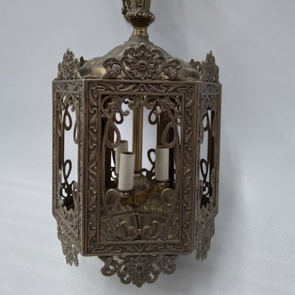 Vtg Brass Retro Gothic Tudor Spanish Hanging Light
